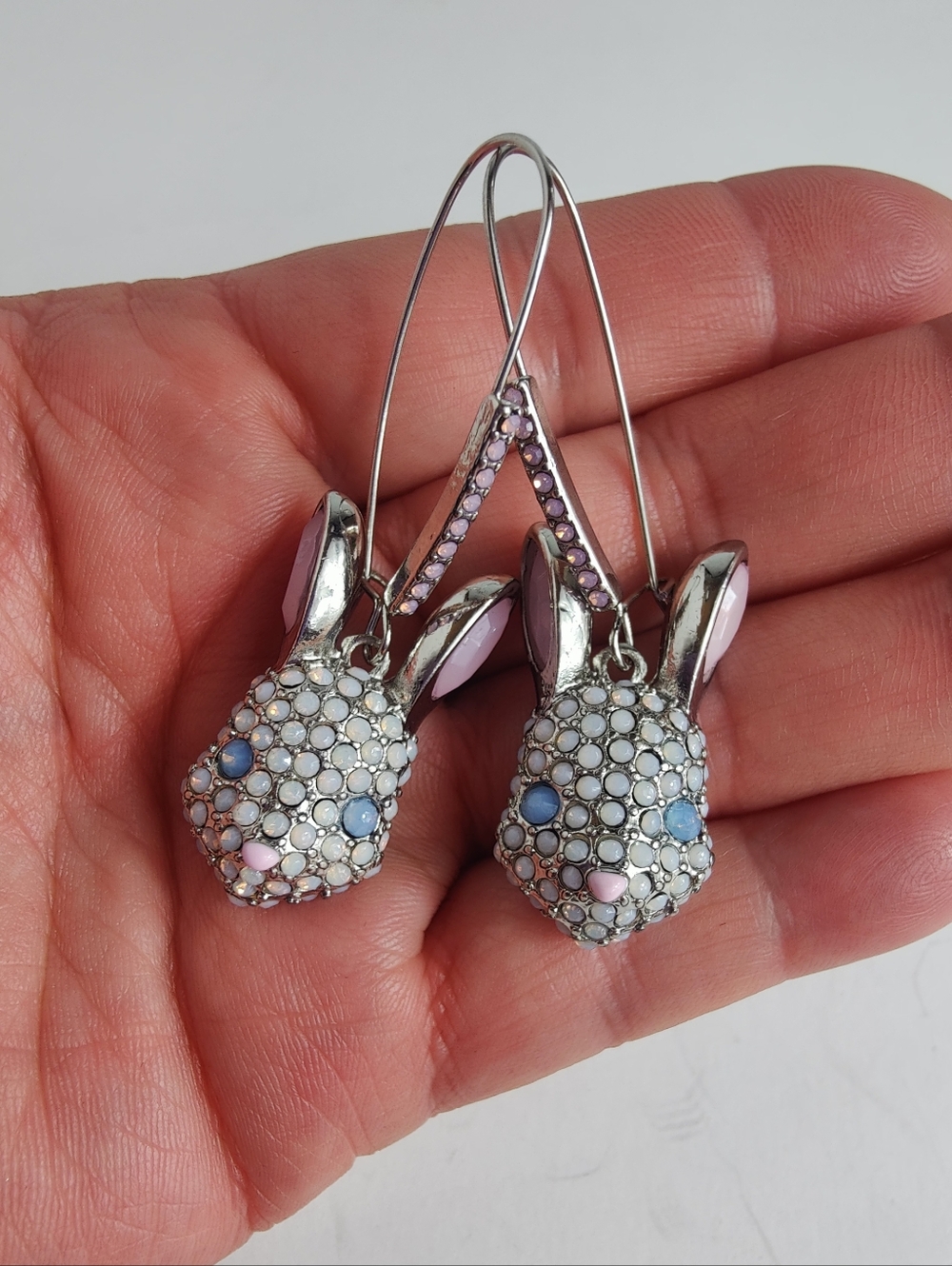 Betsey Johnson Bunny Earrings Glass Stone Rabbit Dangle Pastel Opal Blue Silver